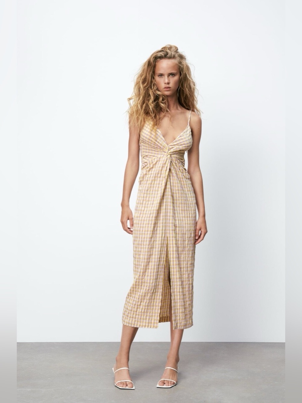 ZARA Gingham Twisted Knot Split Front Spaghetti Strap Midi Dress Size Medium